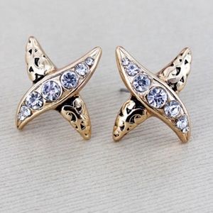 2/$10- CRYSTAL GOLDTONE SCROLL TEXTURED X EARRINGS